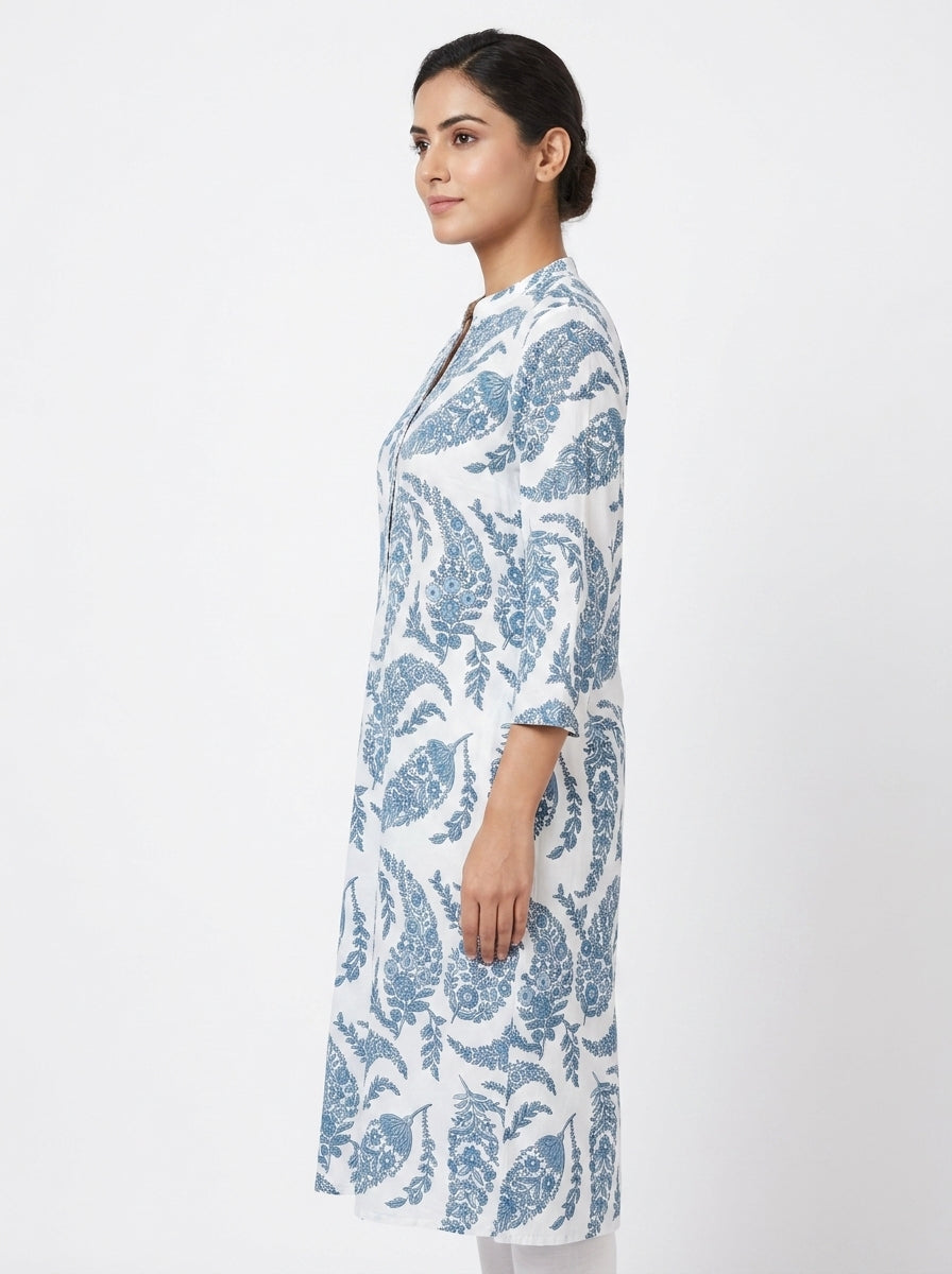 Women's Blue and White Floral Printed Cotton Kurti