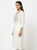 Off White Embellished Viscose Kurti with Ethnic Yoke Embroidery