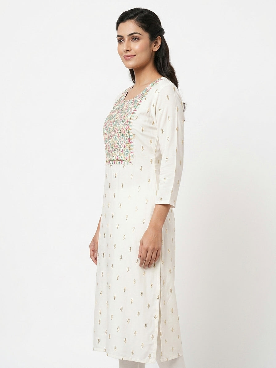 Off White Embellished Viscose Kurti with Ethnic Yoke Embroidery