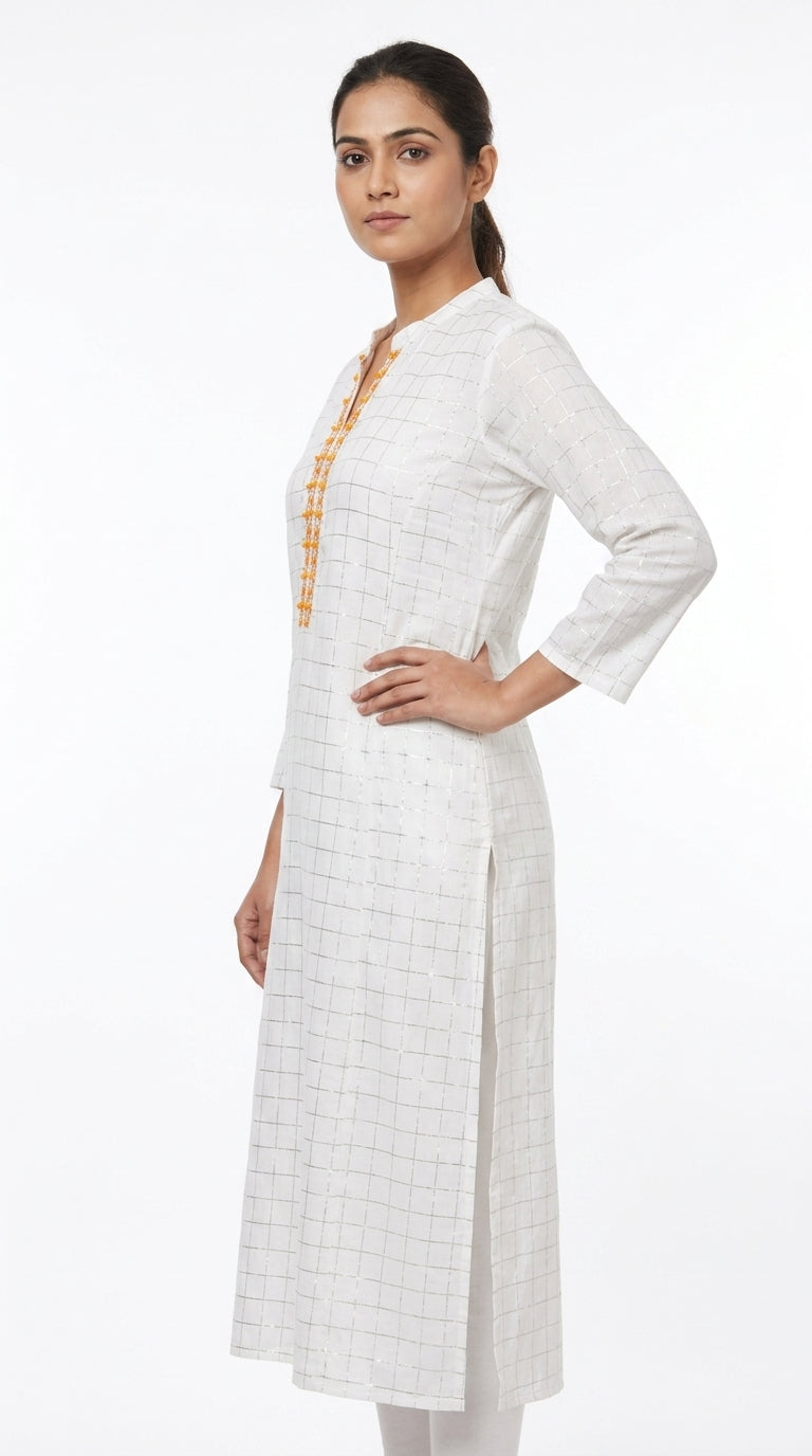 White Checkered Embellished Kurti