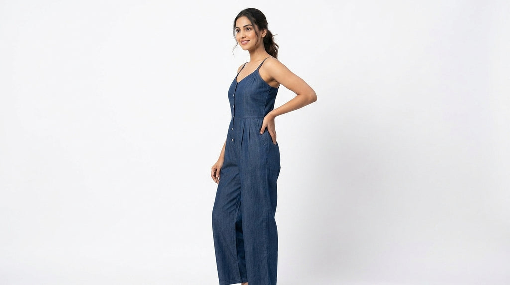 Dark Blue Casual Cotton Jumpsuit with Button Front