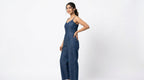 Dark Blue Casual Cotton Jumpsuit with Button Front