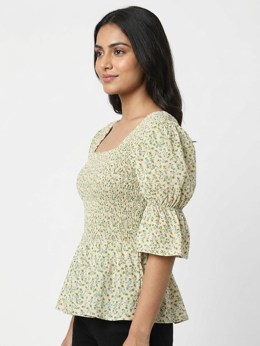 Women's Cream Floral Smocked Square Neck Top
