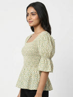 Women's Cream Floral Smocked Square Neck Top