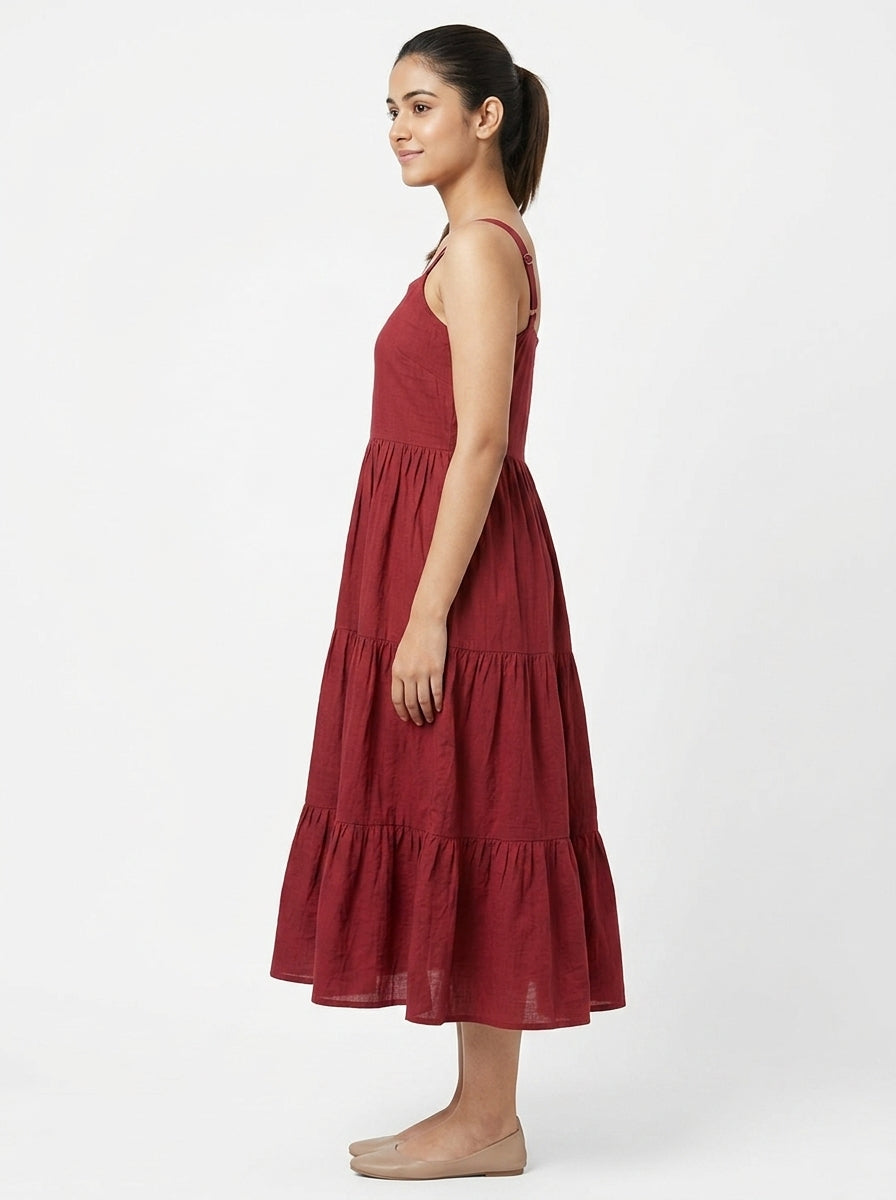 Women's Maroon Solid Flared Casual Dress