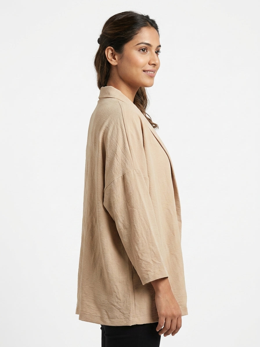 Beige Solid Relaxed Fit Open-Front Jacket