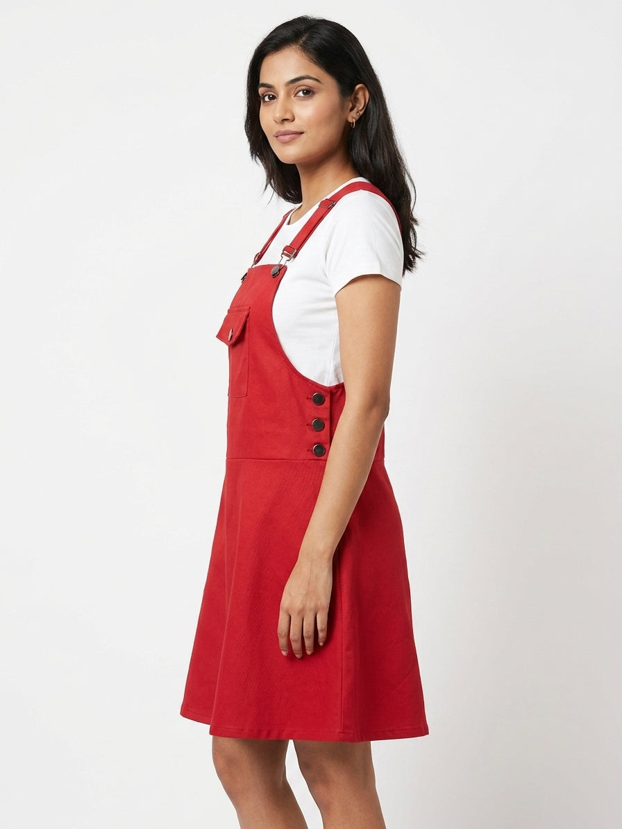 Women's Red Solid Pinafore A-line Dress
