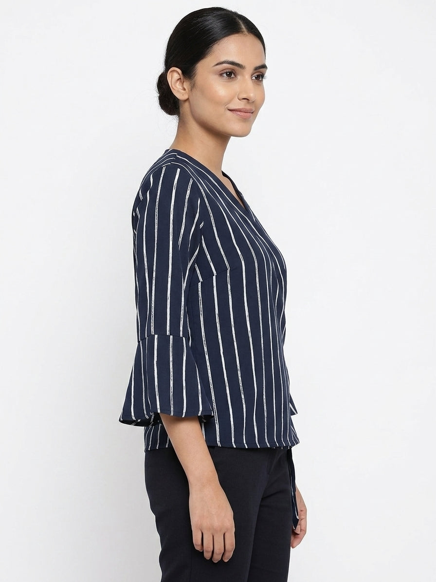 Women's Navy Striped Wrap Front Top