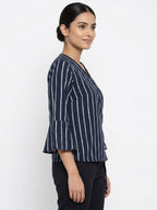 Women's Navy Striped Wrap Front Top