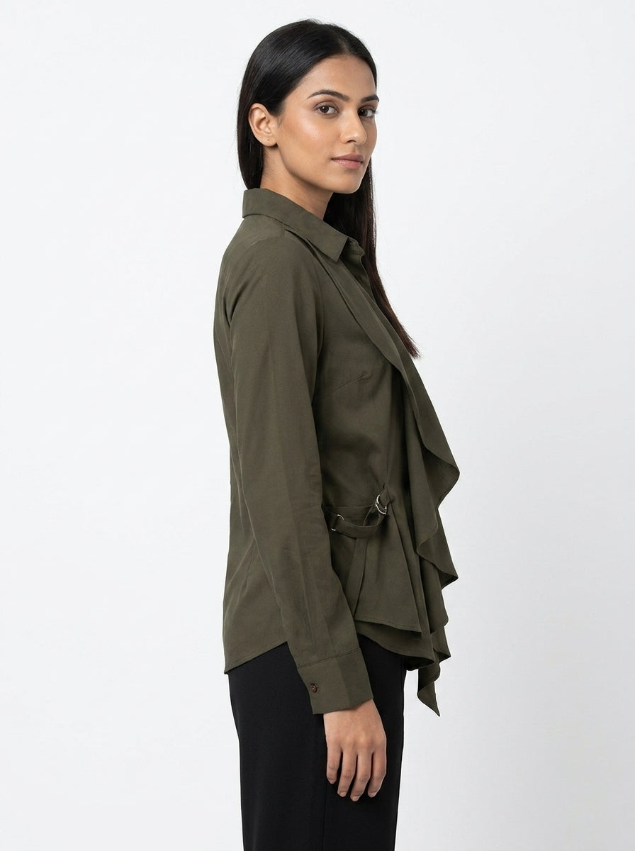 Dark Olive Draped Collared Casual Shirt