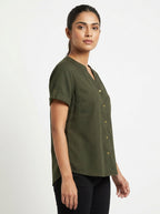 Dark Green Solid Regular Fit Button-Down Top