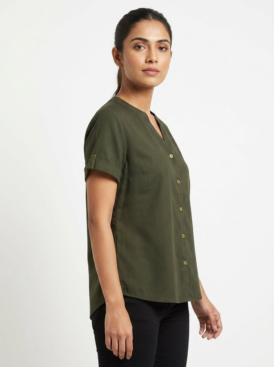 Dark Green Solid Regular Fit Button-Down Top