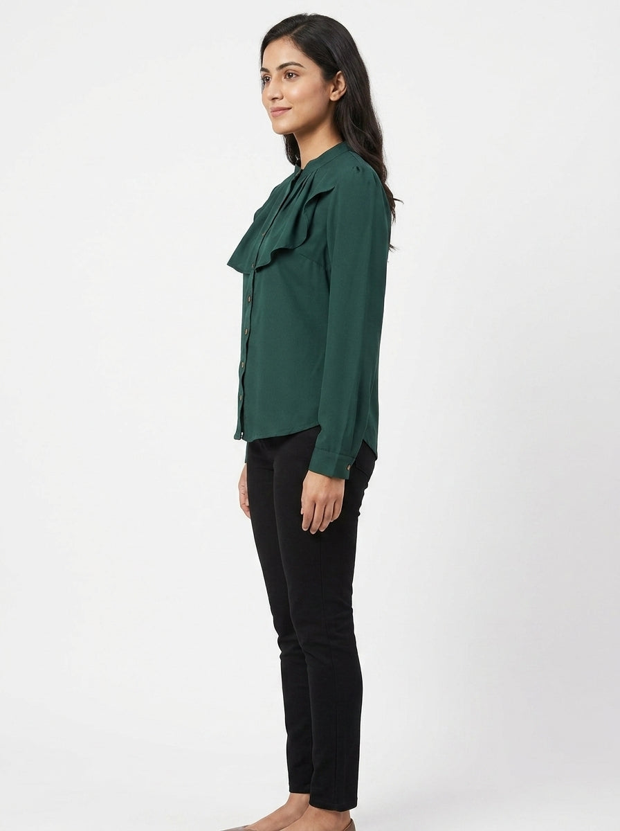 Women's Dark Green Solid Ruffled Top