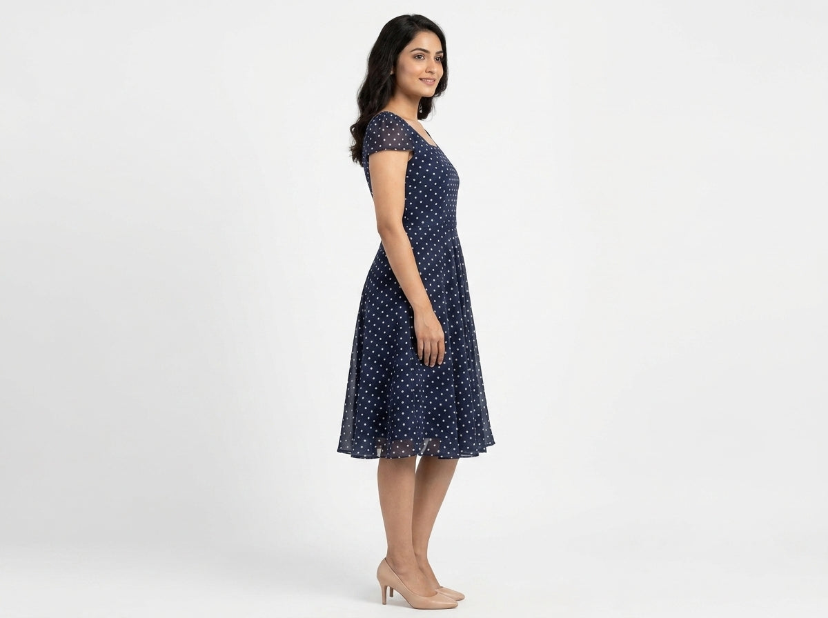 Navy Blue Polka Dot Flared Casual Dress