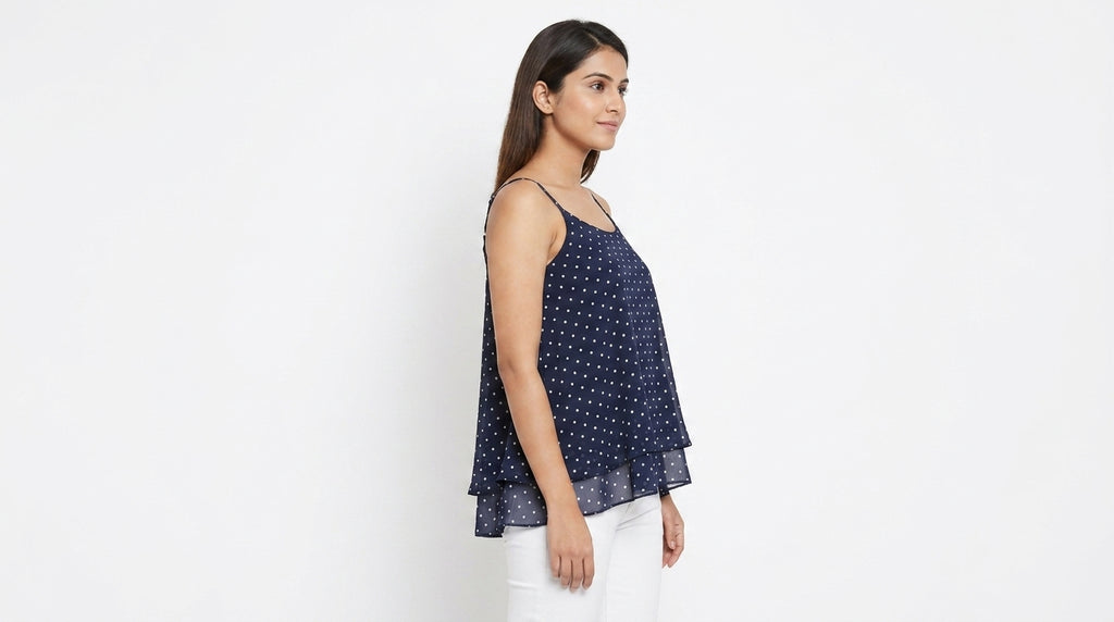 Navy Blue Polka Dot Flared Spaghetti Strap Top