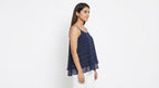 Navy Blue Polka Dot Flared Spaghetti Strap Top
