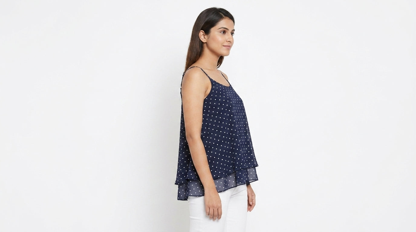 Navy Blue Polka Dot Flared Spaghetti Strap Top