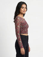 Burgundy Floral Print Shirred Crop Top