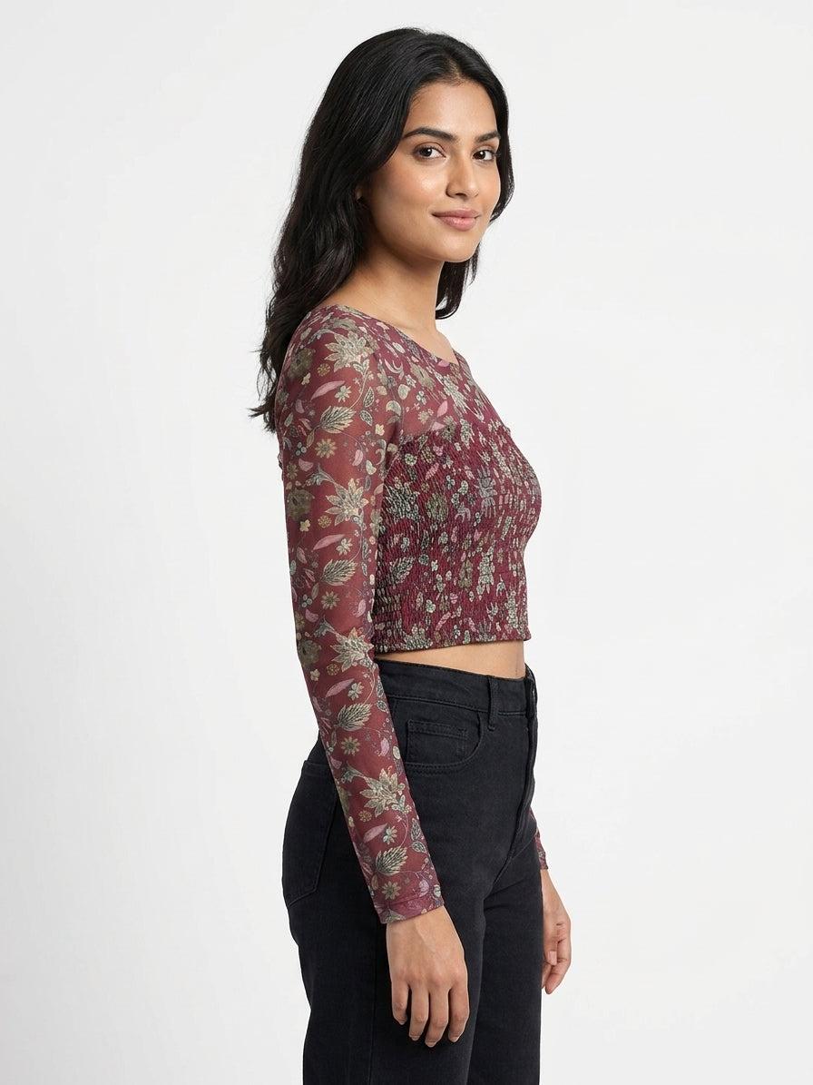 Burgundy Floral Print Shirred Crop Top