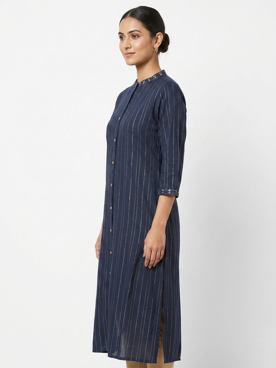 Women's Navy Blue Striped Embellished Straight Kurti