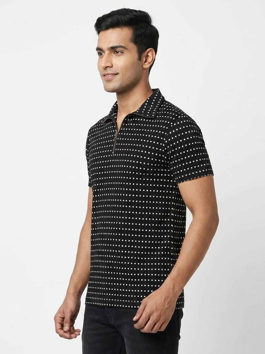 Women's Black Polka Dot Casual Top with Zip Collar