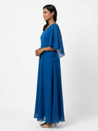 Blue V-Neck Kaftan Style Flared Maxi Dress