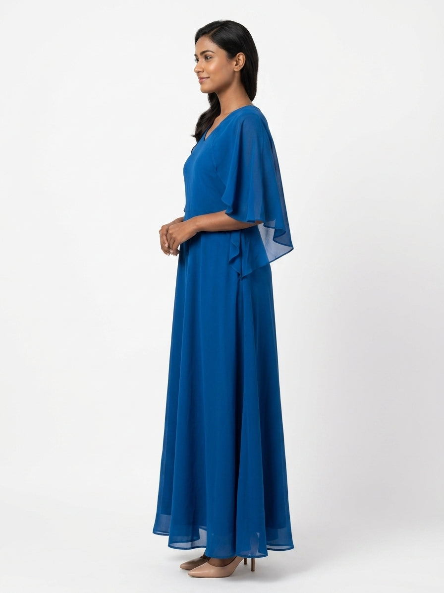 Blue V-Neck Kaftan Style Flared Maxi Dress
