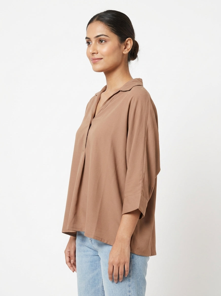 Women's Camel Solid Relaxed Fit Top
