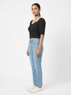 Women's Black Ribbed Square Neck Ruched Crop Top