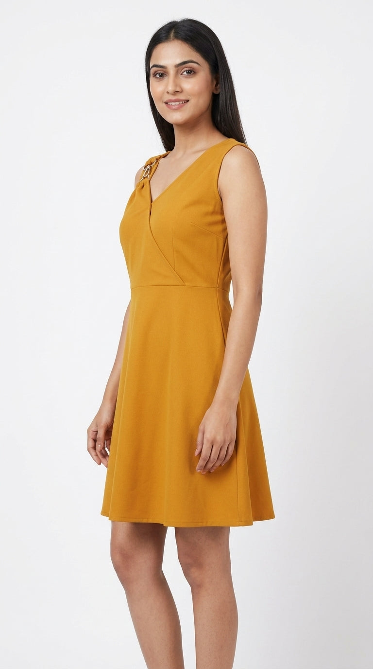 Mustard Sleeveless A-Line V-Neck Dress