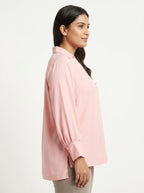 Pink V-Neck Relaxed Fit Solid Blouse