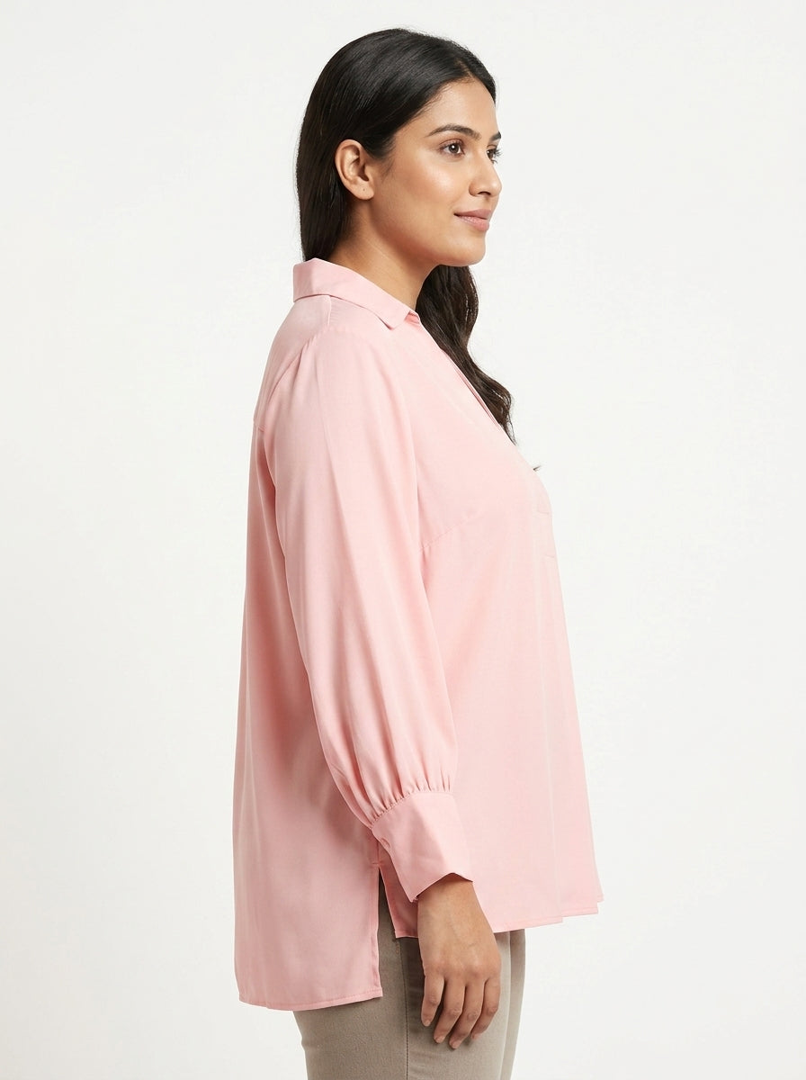 Pink V-Neck Relaxed Fit Solid Blouse