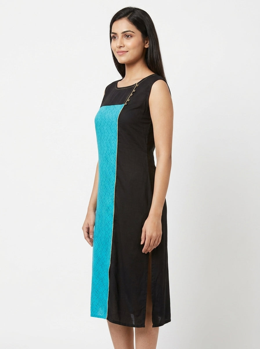 Black & Turquoise Color Block Regular Fit Kurti