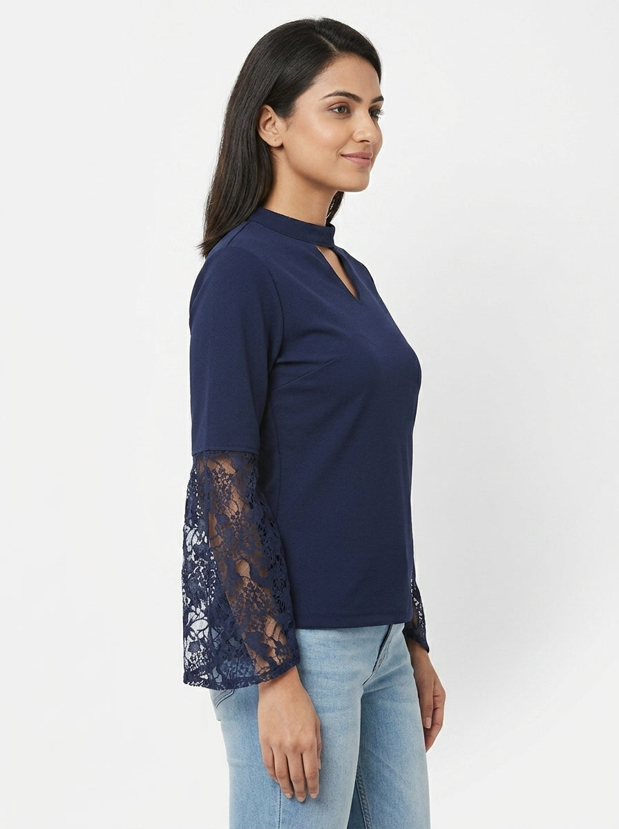Navy Blue Embellished Top with Lace Bell Sleeves