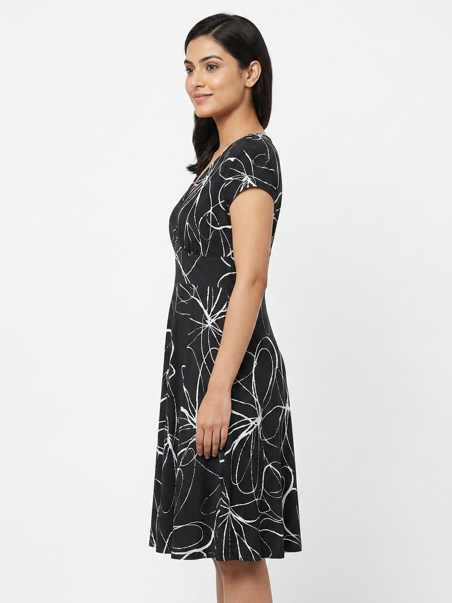 Black Abstract Printed V-Neck Dress