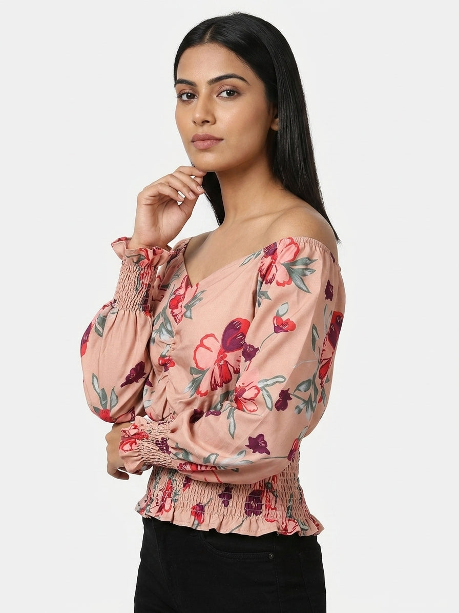 Peach Floral Smocked Long Sleeve Top