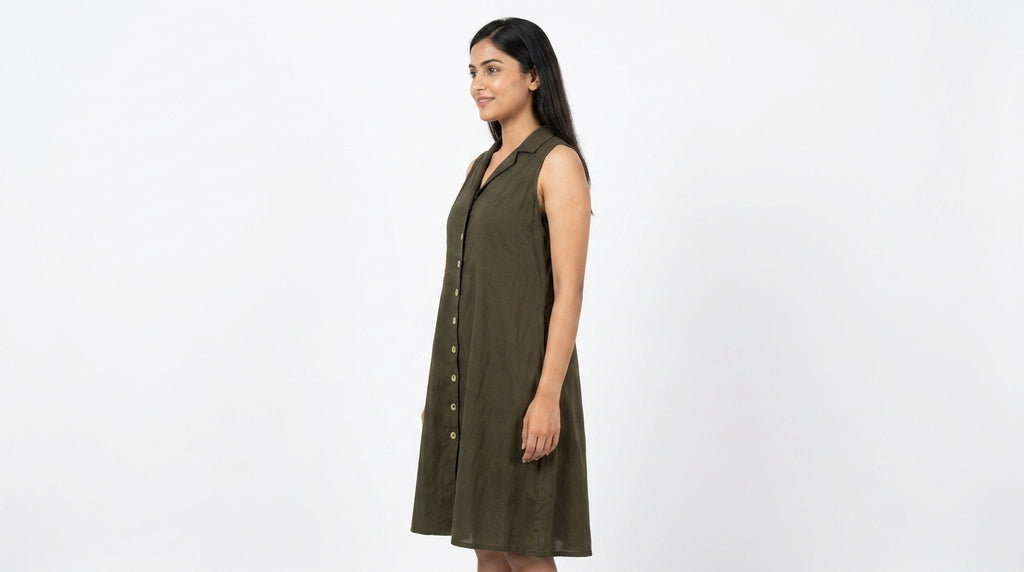 Dark Olive Solid Flared Sleeveless Button-Front Dress