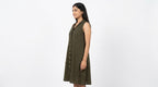 Dark Olive Solid Flared Sleeveless Button-Front Dress