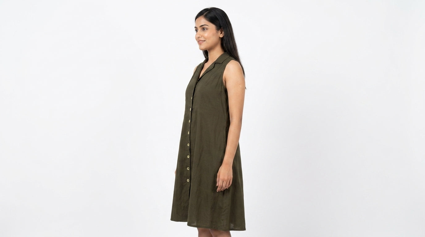 Dark Olive Solid Flared Sleeveless Button-Front Dress