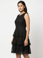 Women's Black Self-Design Lace Tiered Dress