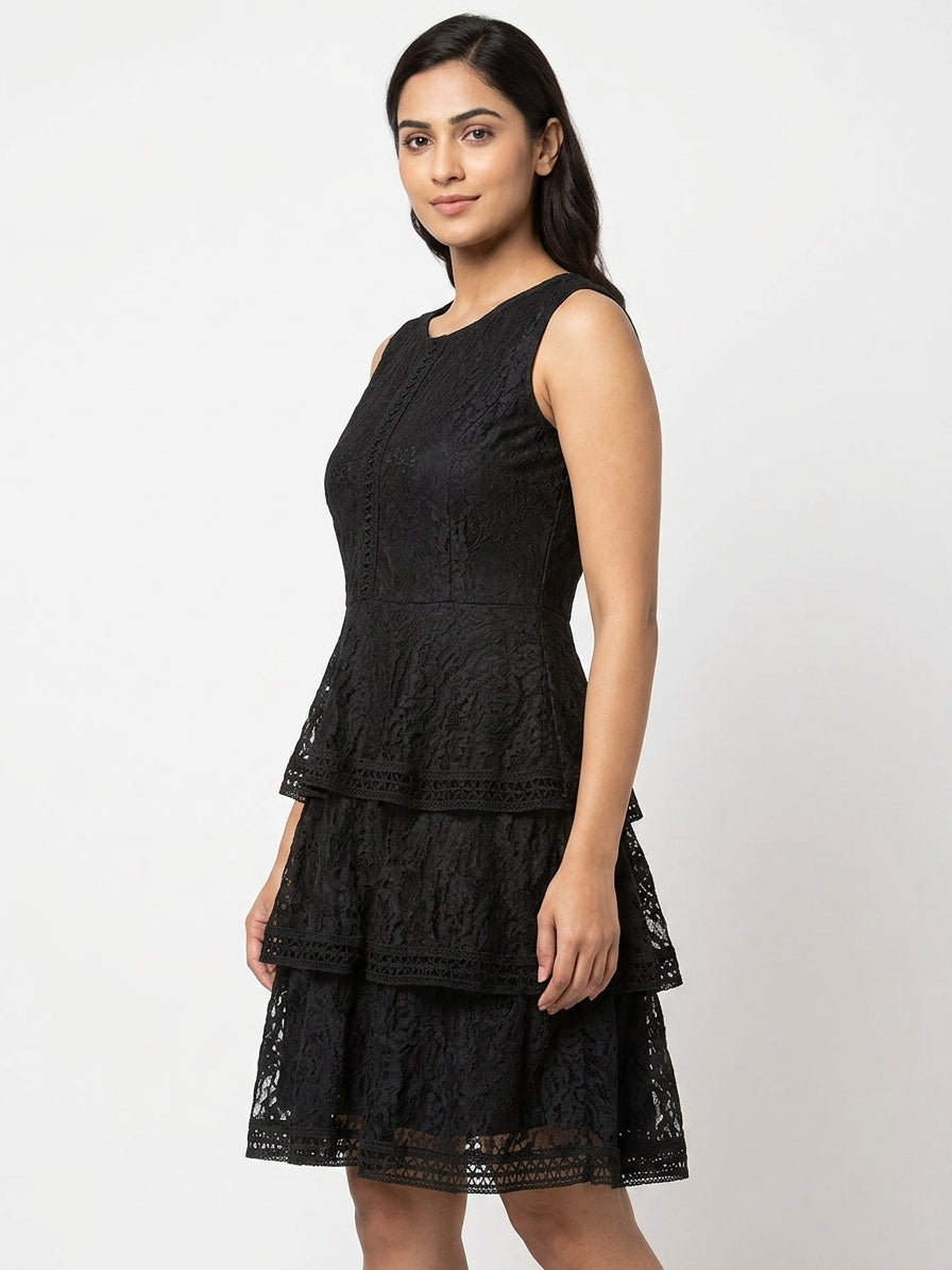 Women's Black Self-Design Lace Tiered Dress