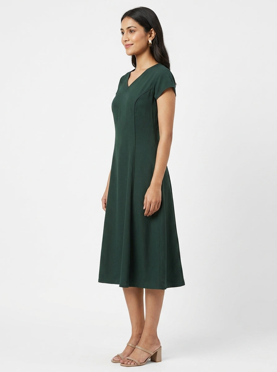 Dark Green Solid A-Line V-Neck Dress