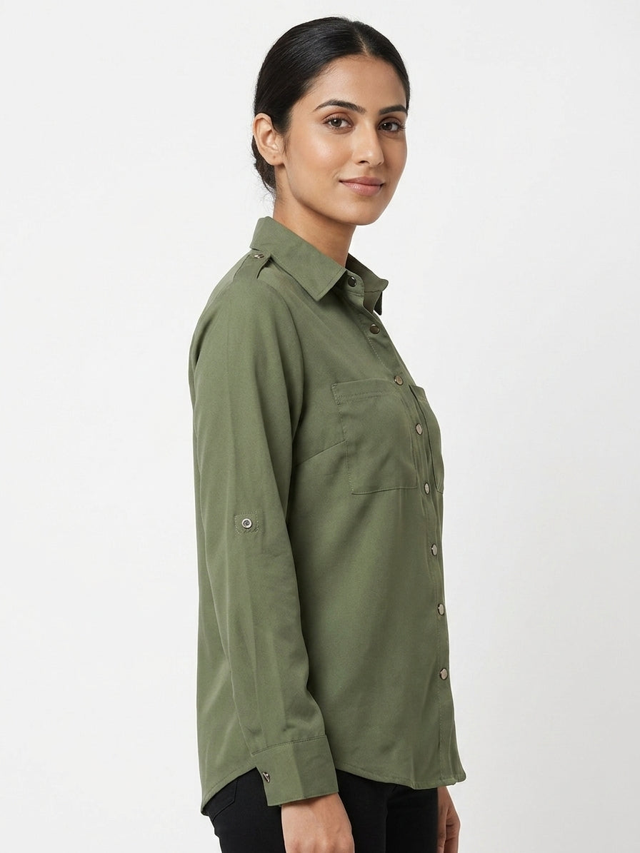 Women's Olive Solid Regular Fit Casual Shirt