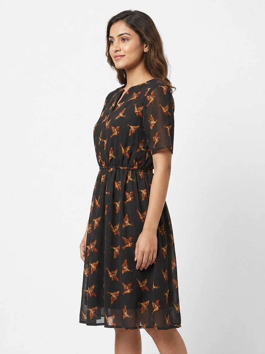 Charcoal Bird Print A-line Casual Dress