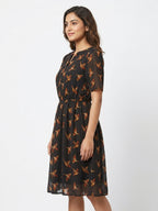 Charcoal Bird Print A-line Casual Dress