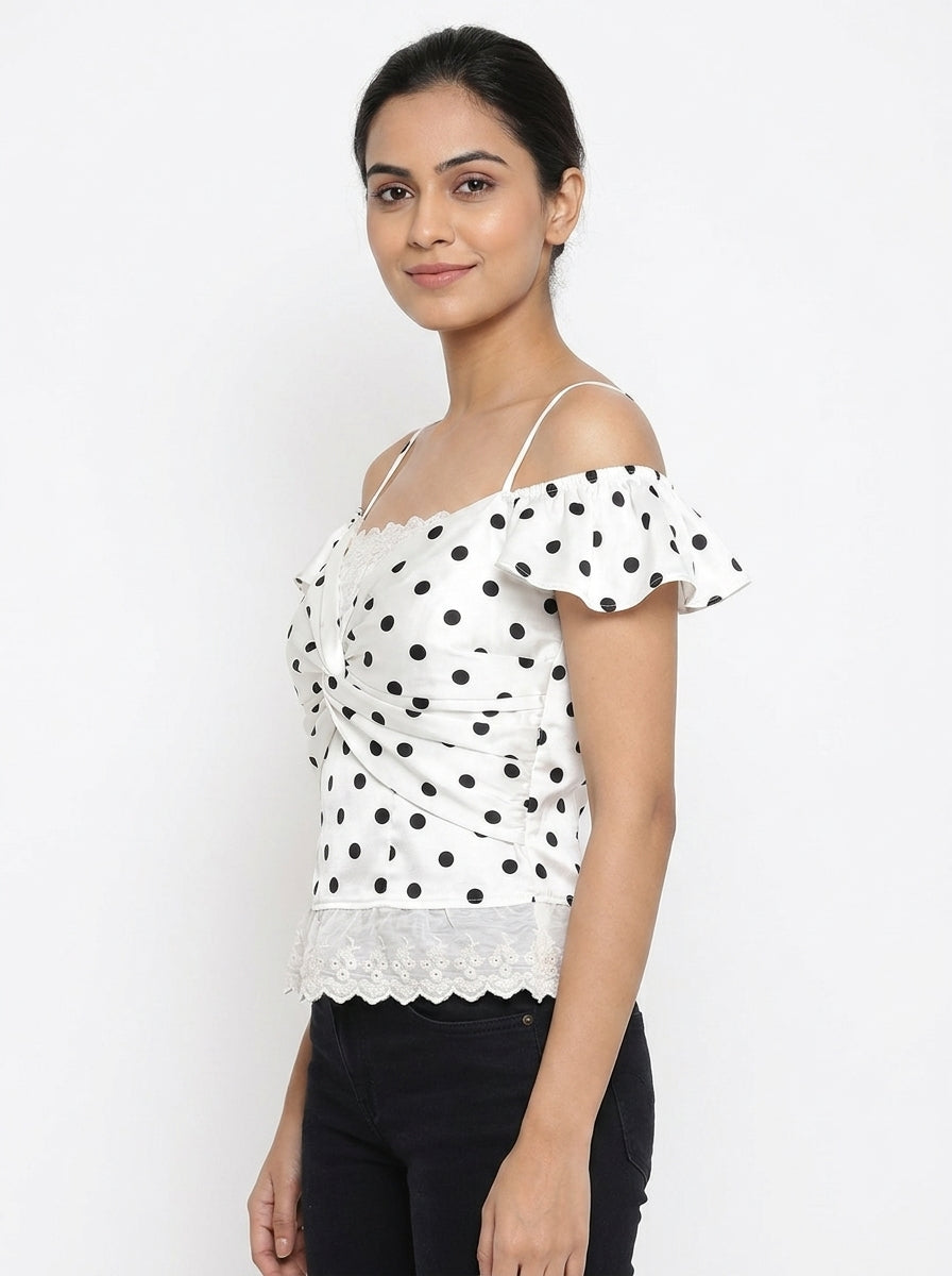 White Polka Dot Off-Shoulder Knotted Top with Lace Trim