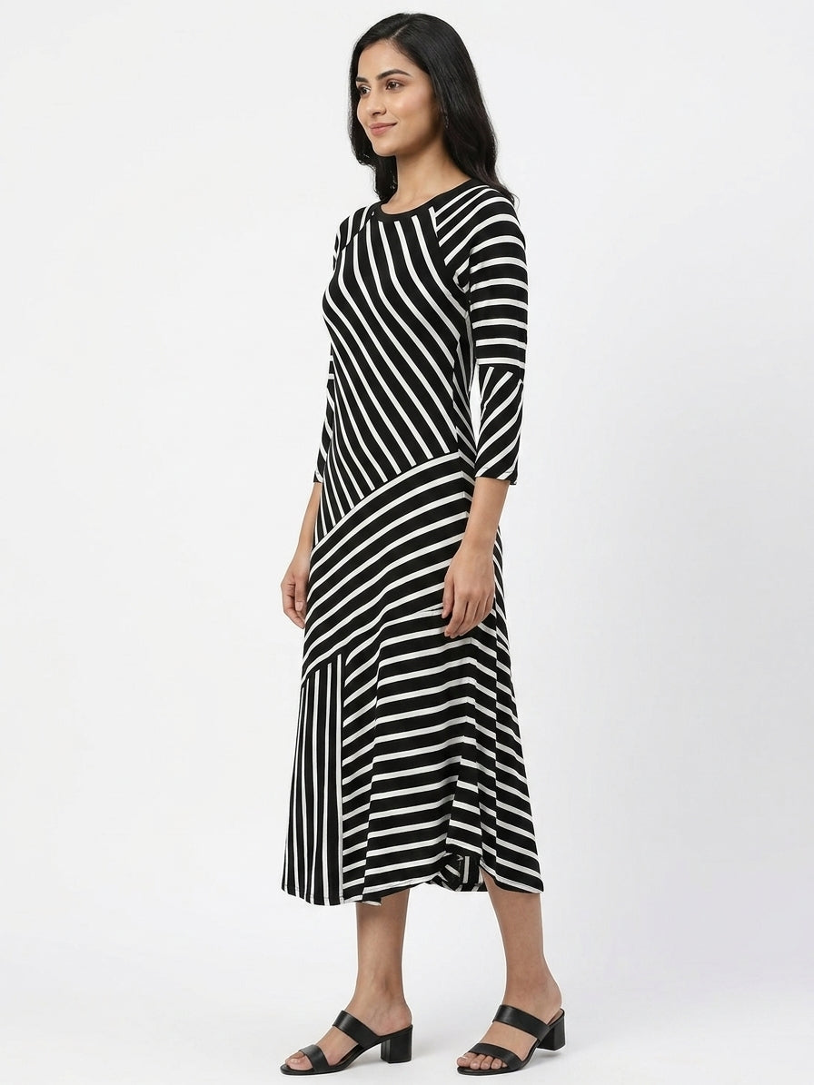 Striped A-Line Regular Fit Midi Dress