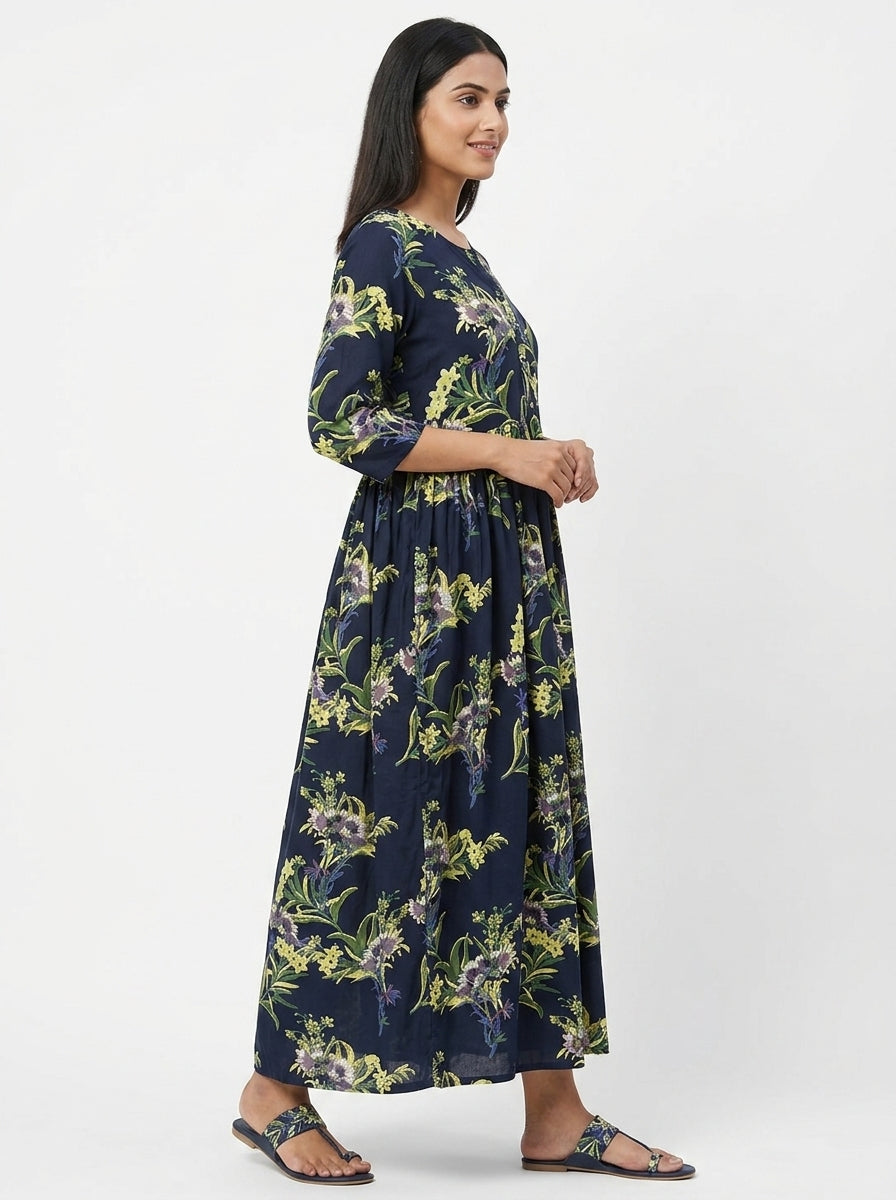 Dark Blue Floral Print Maxi Dress