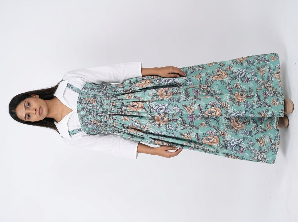 Women's Sea Green Floral Printed Shirred Maxi Dress