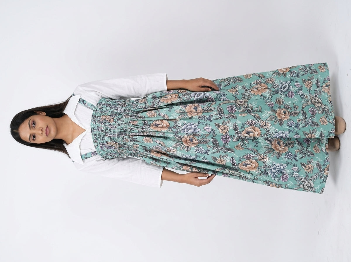 Women's Sea Green Floral Printed Shirred Maxi Dress